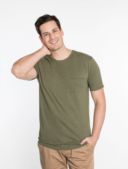 Solid Olive Crew Neck Cotton Pocket T-Shirt