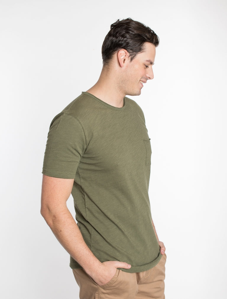 Solid Olive Crew Neck Cotton Pocket T-Shirt