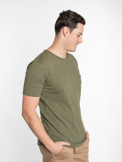 Solid Olive Crew Neck Cotton Pocket T-Shirt