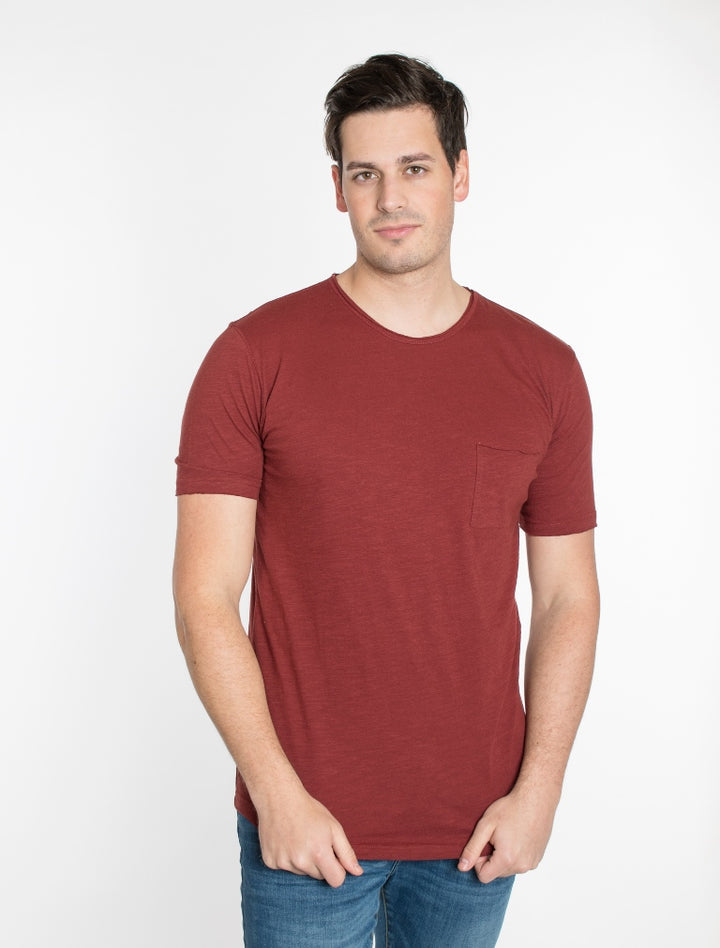 Solid Maroon Crew Neck Pocket Cotton T-Shirt