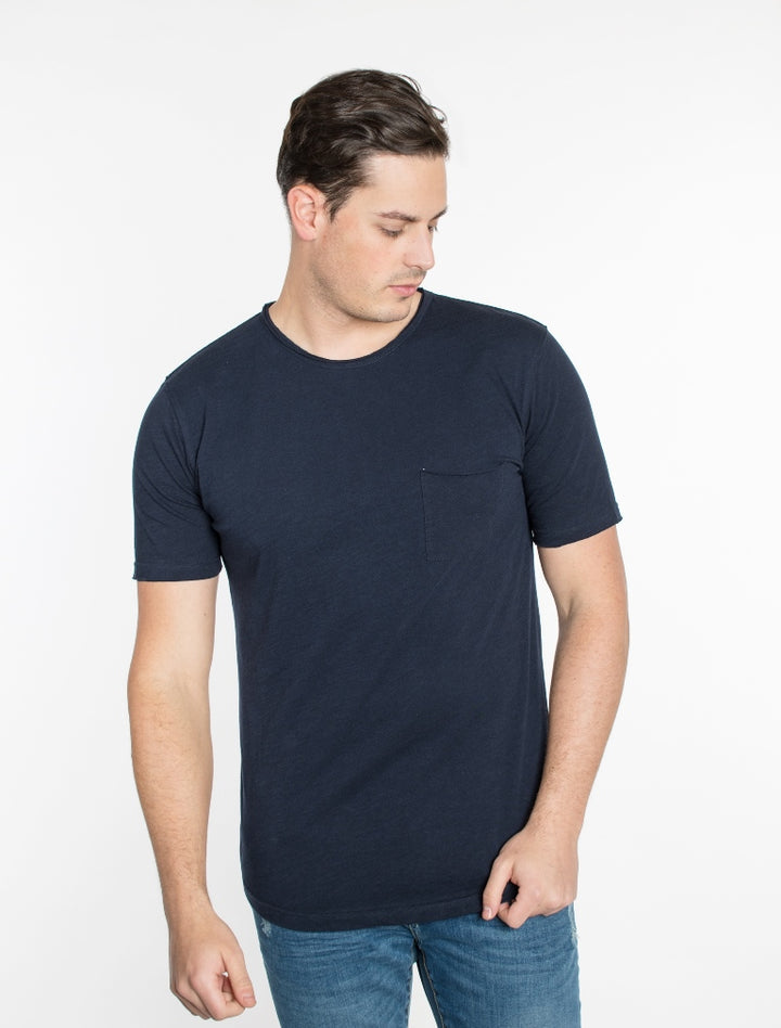 Solid Navy Blue Crew Neck Pocket Cotton T-Shirt