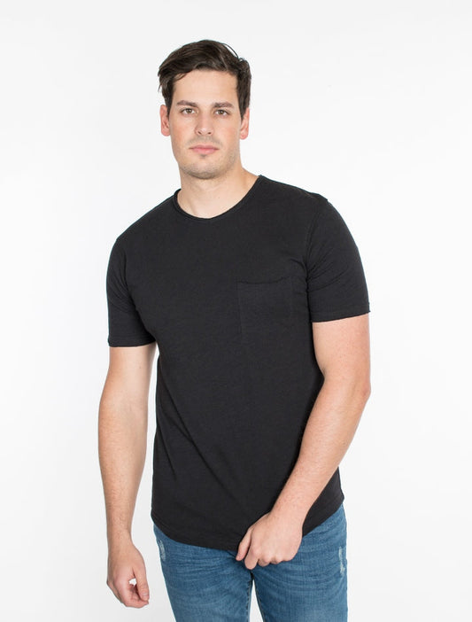 Solid Black Crew Neck Pocket Cotton T-Shirt