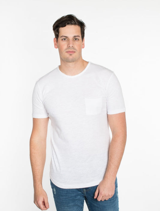 Solid White Crew Neck Cotton Pocket T-Shirt